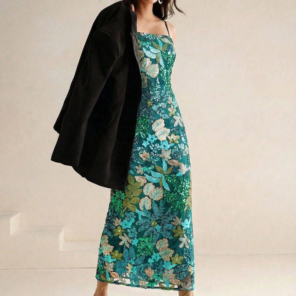 Green Boho Women's Elegant Colorful Printed Beaded Maxi Strapless Dress - Picture 8 of 8